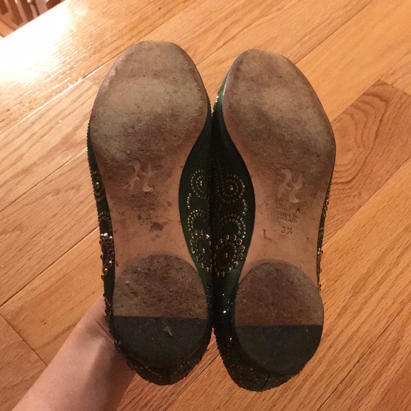 Gina (UK) Moss Green Satin Crystal Flats - Picture 3 of 4